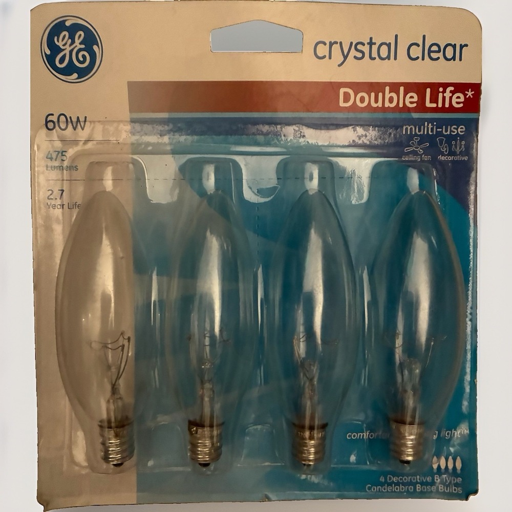 GE 60w Decorative B Multi Use Candelabra Base Bulbs Crystal Clear 6PK Bulb